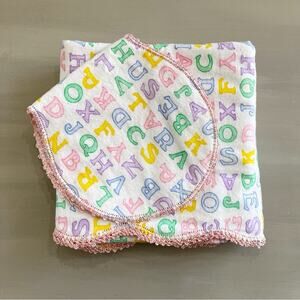 Baby Girl Receiving Blanket Burb Cloth Set Handmade Crochet Flannel ABC Gingham